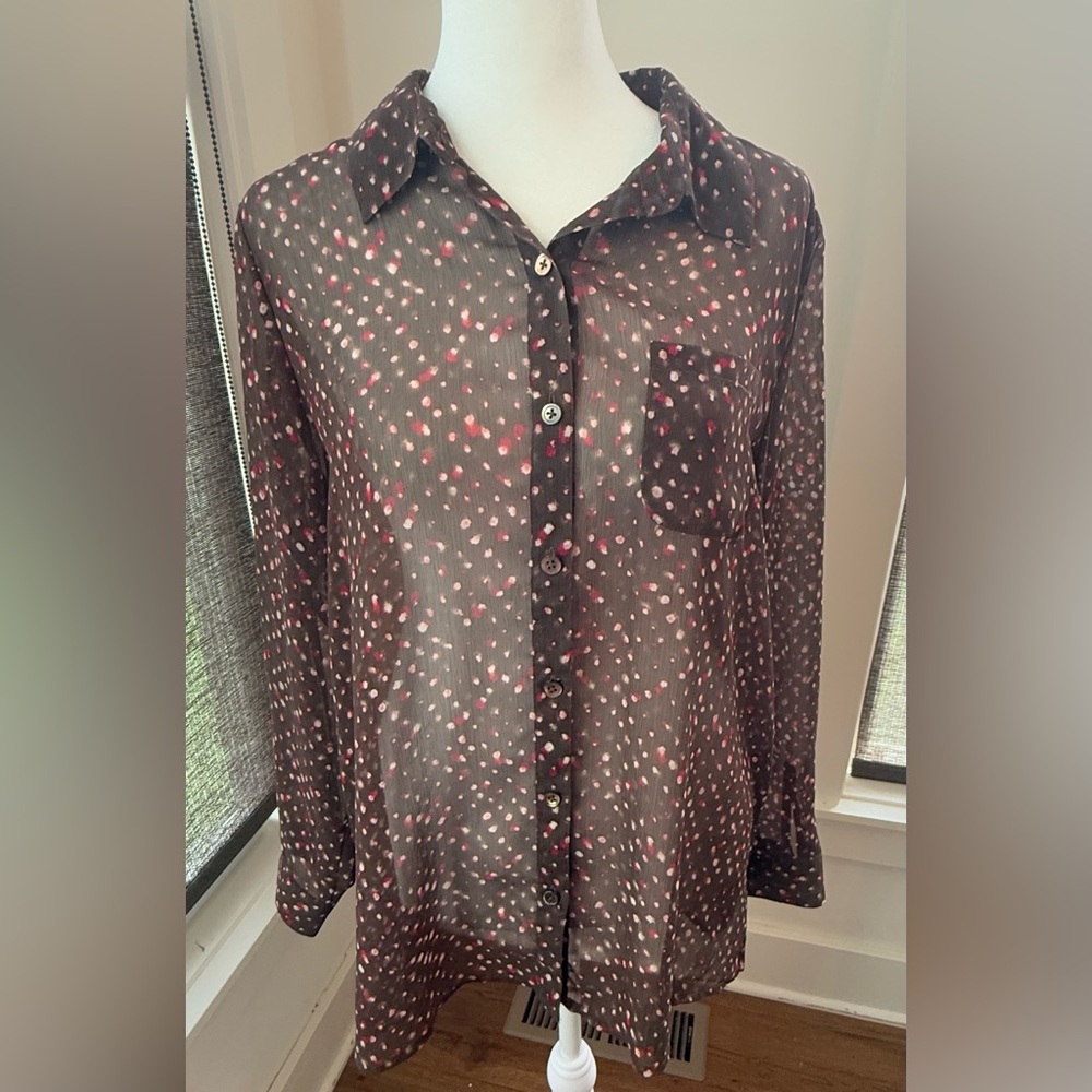 J Jill Brown Sheer Button Down Gauze Blouse. Size Medium Petite